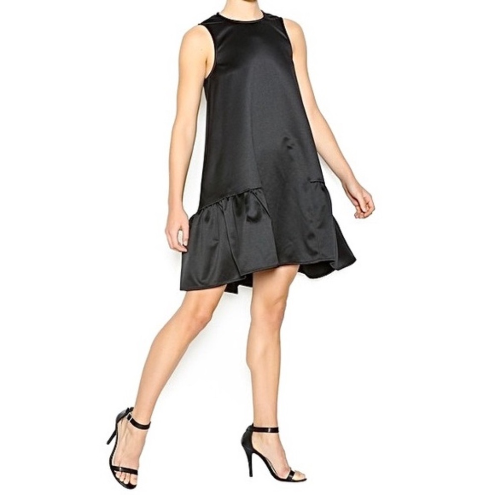 FRNCH PARIS Black Satin Ruffle Tent Dress